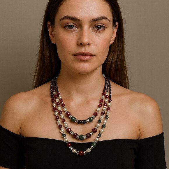 Multi Strand Gemstone Pearl Beaded Necklace Boho Layered Statement Jewelry - Picture 2 of 7